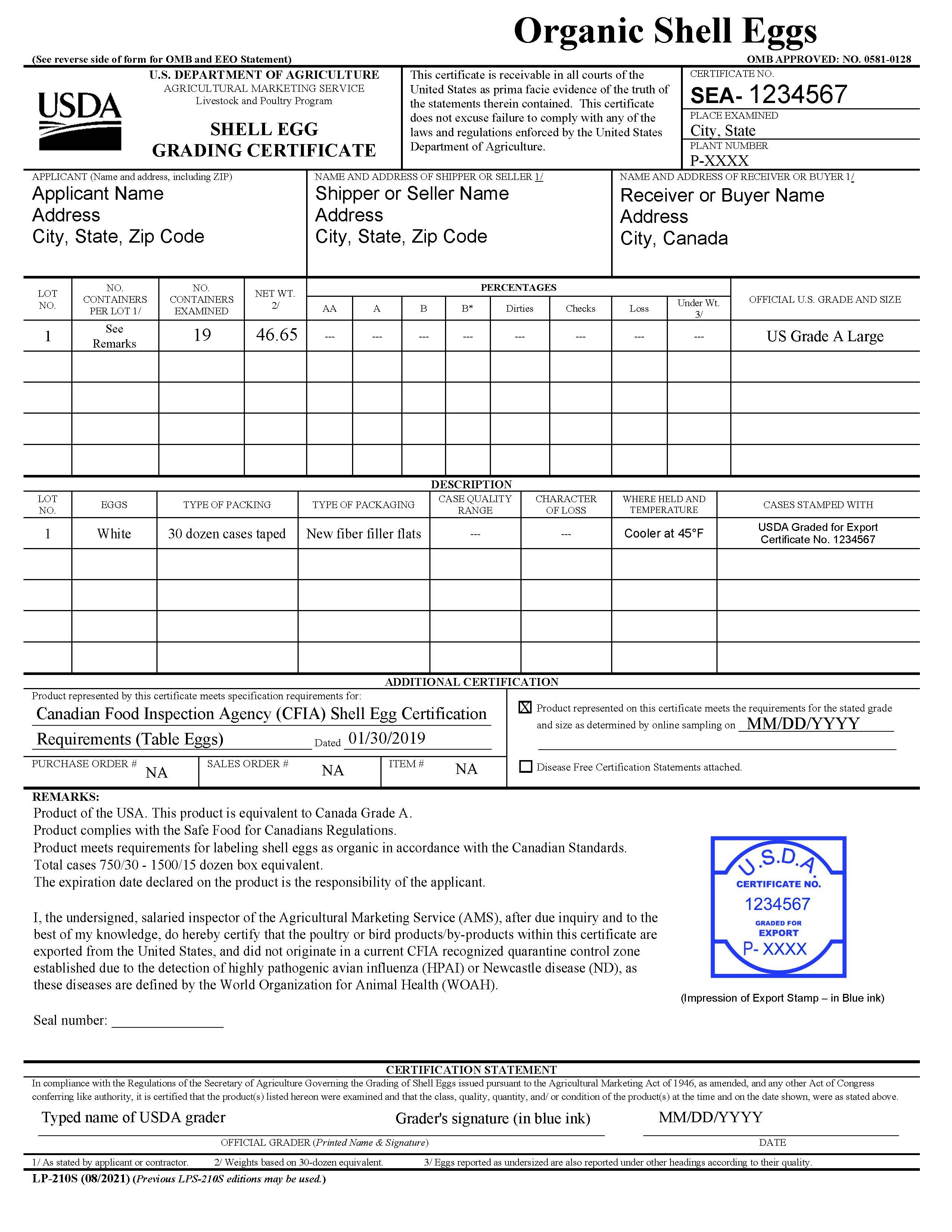 Sample Canada LP-210S Exhibit Organic Shell eggs form