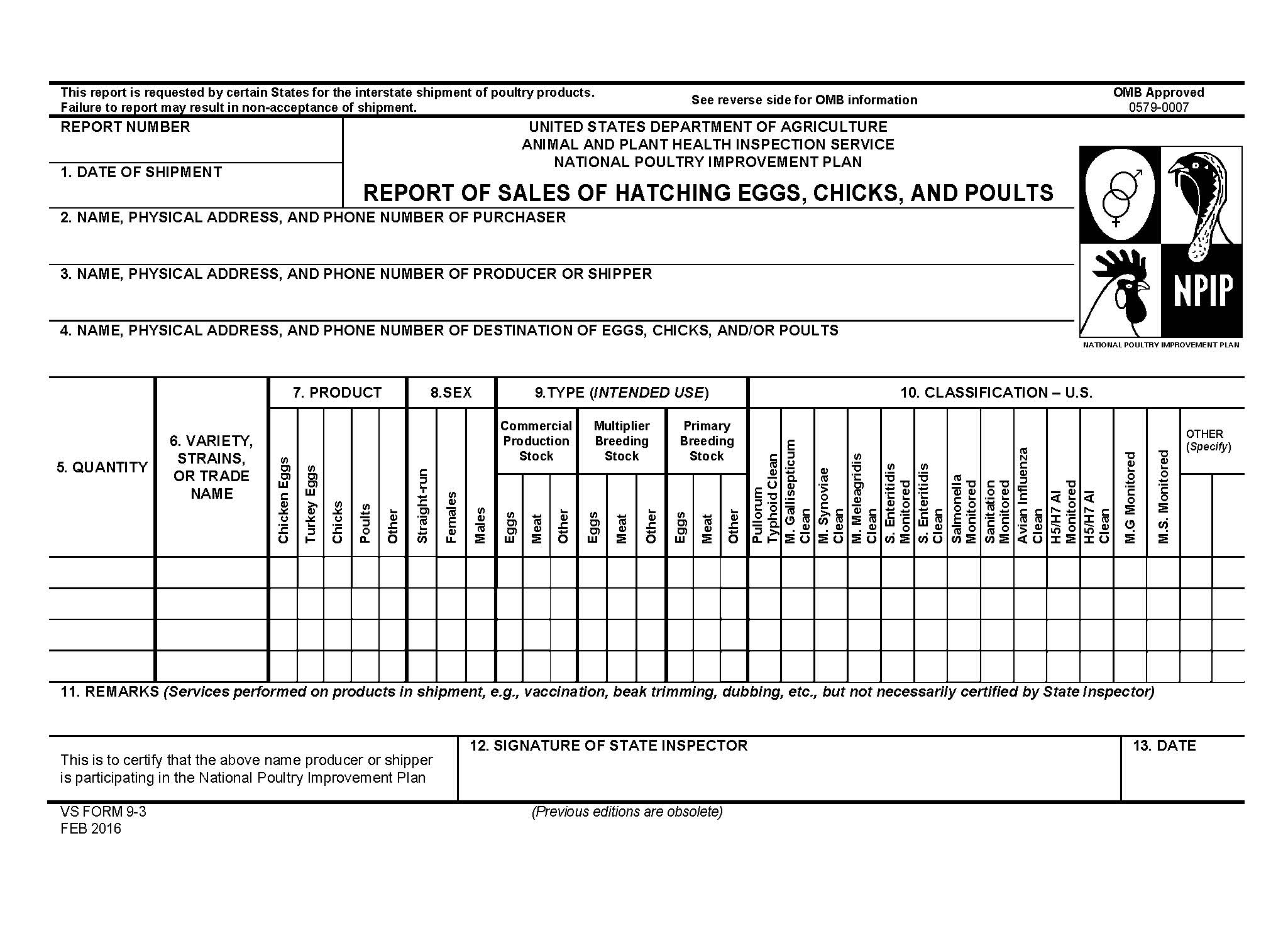 Sample VS Form 9 3 Report Of Sales Of Hatching Eggs Chicks And Poults