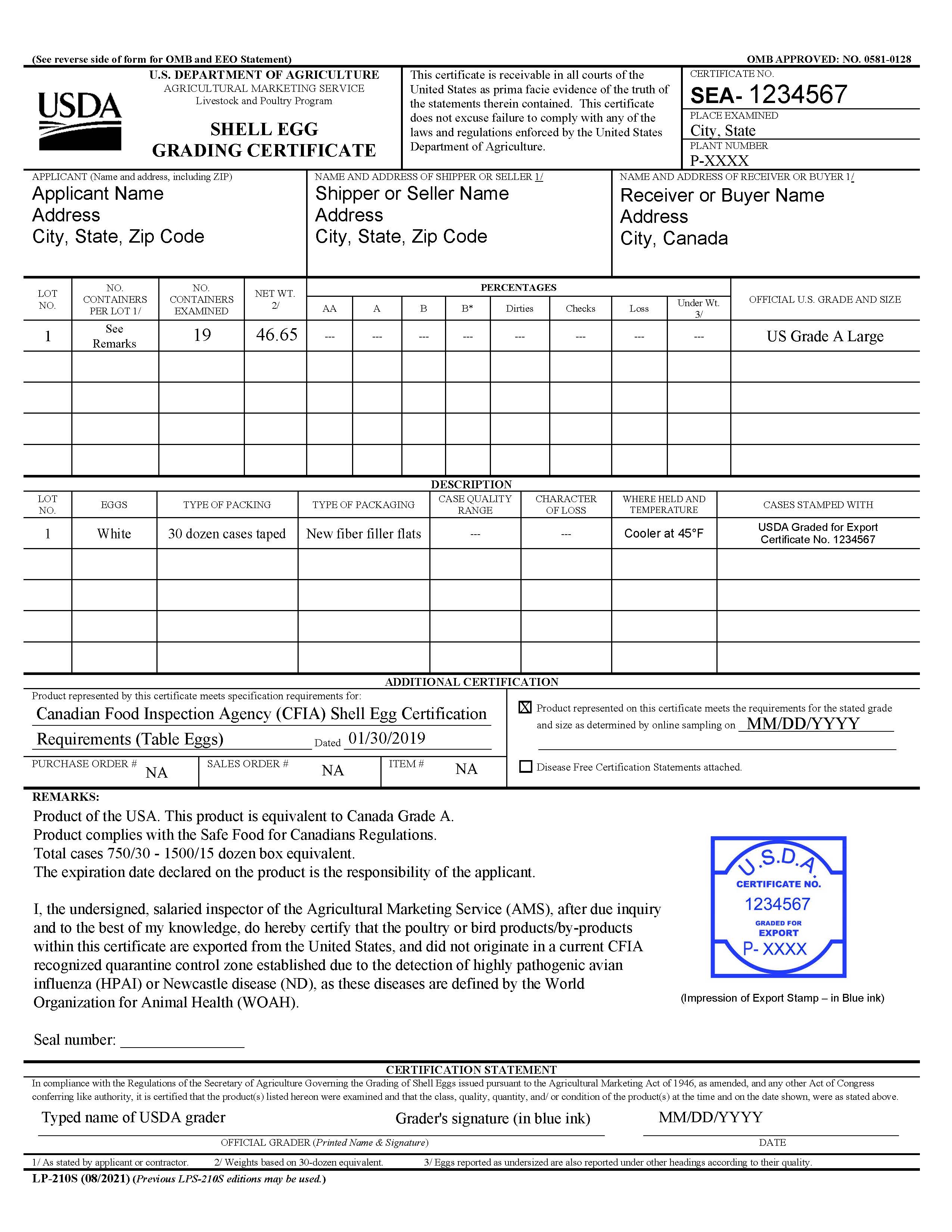 LS210S Sample Form for Shell egg