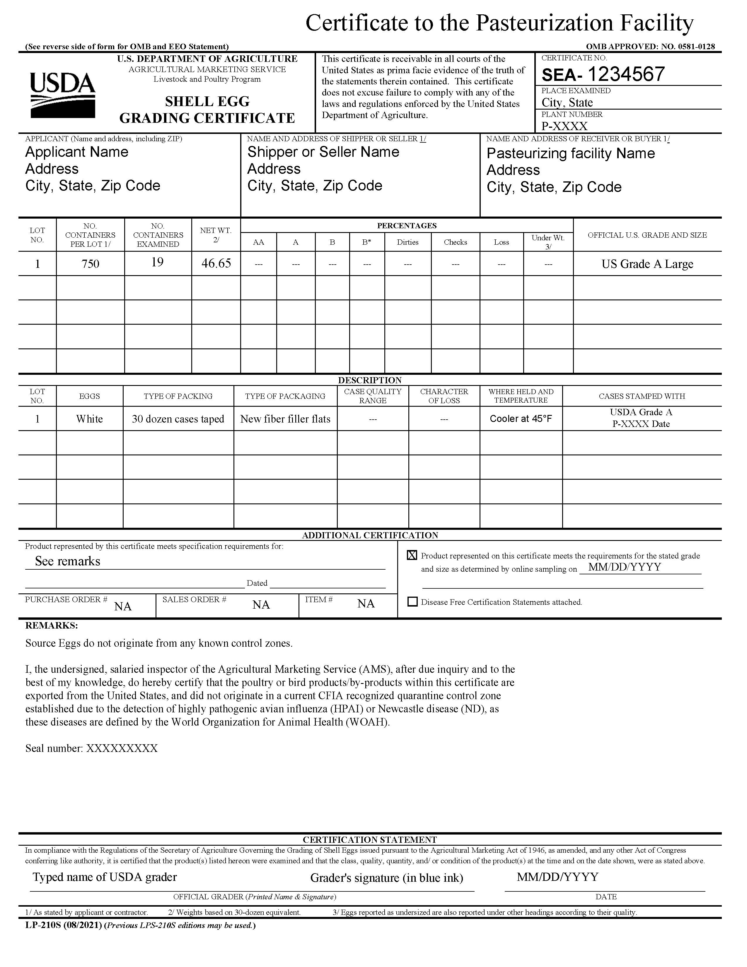 Sample LP 210-S Certificate to Pasteurization Facility