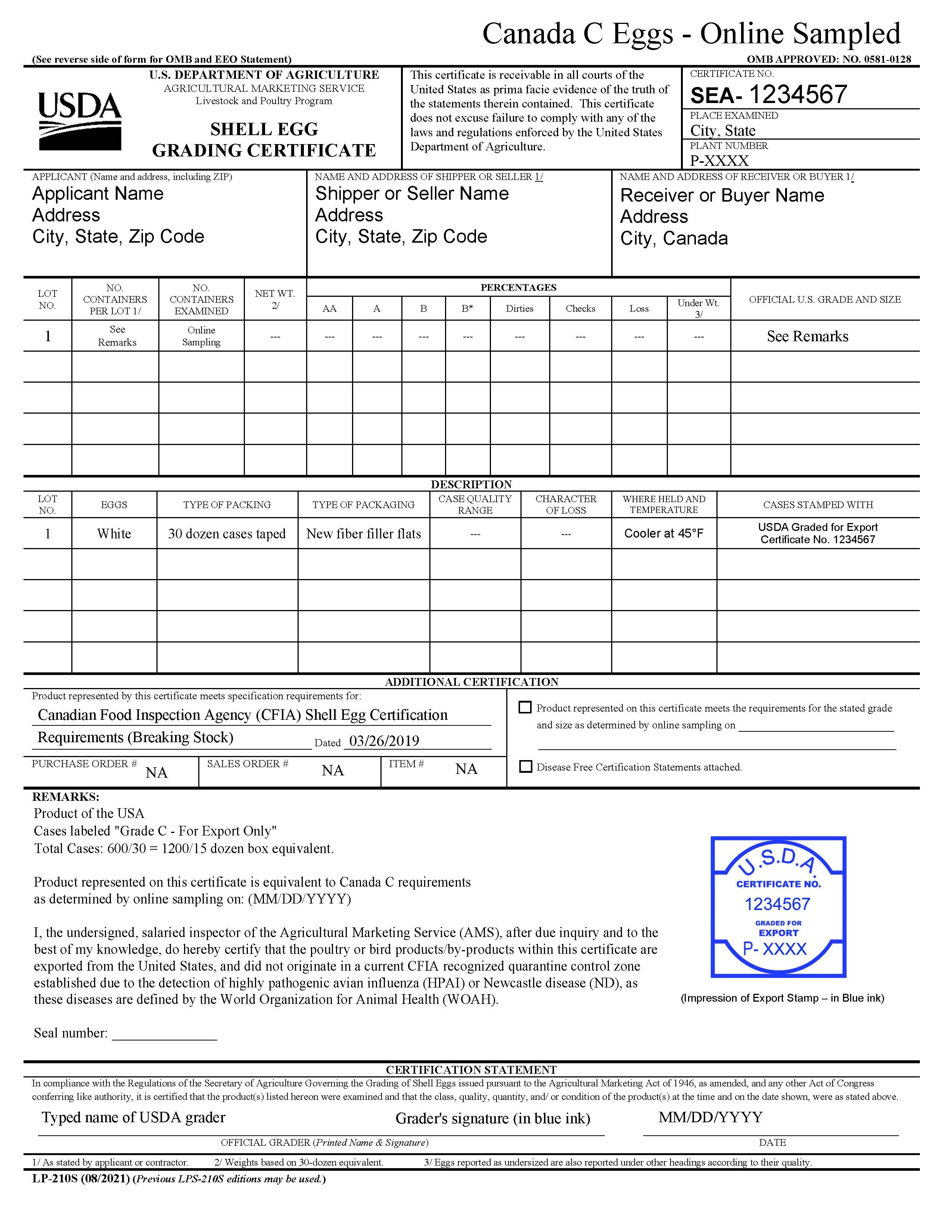 Sample LS 210S Form for Canada C eggs