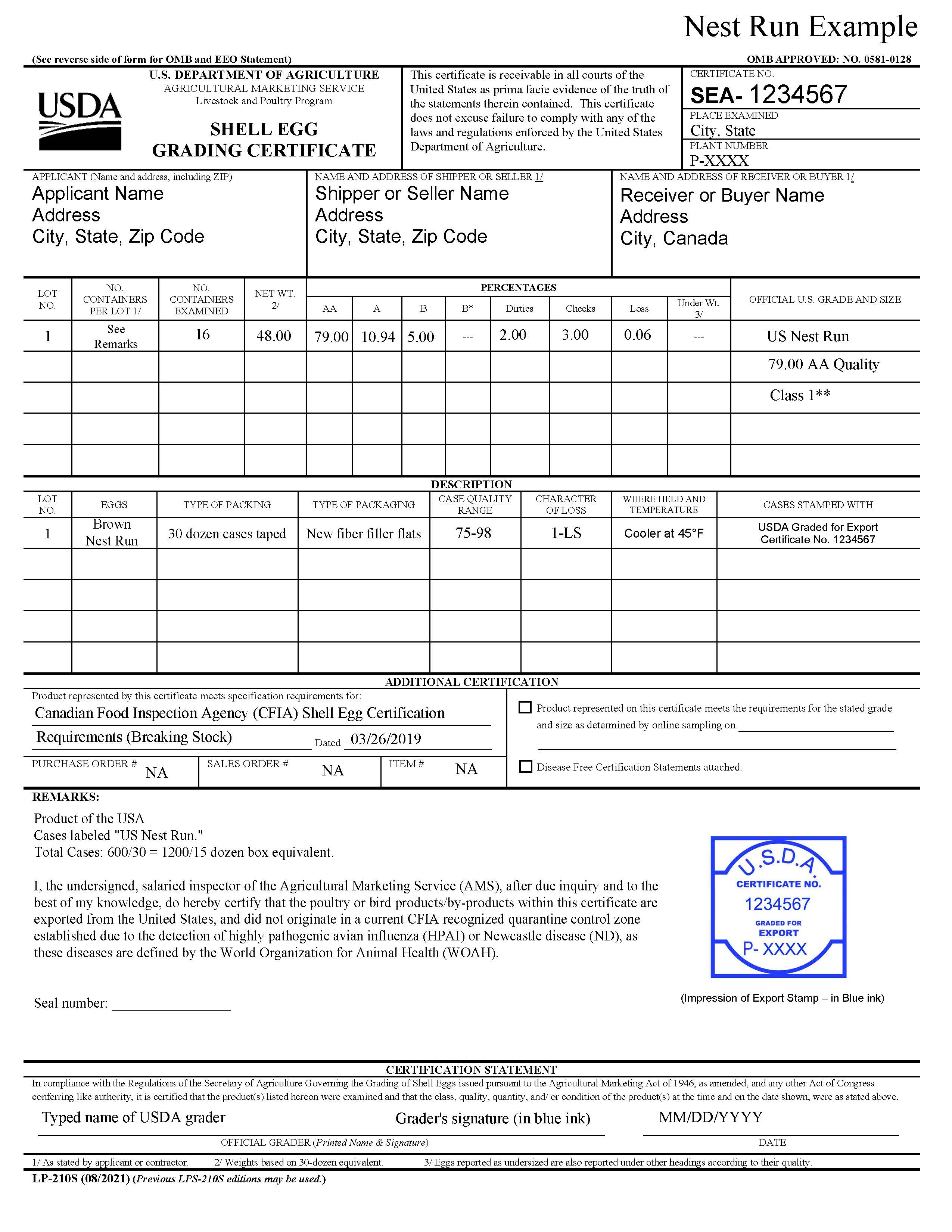 Sample LS 210S Form for Nest Run Eggs