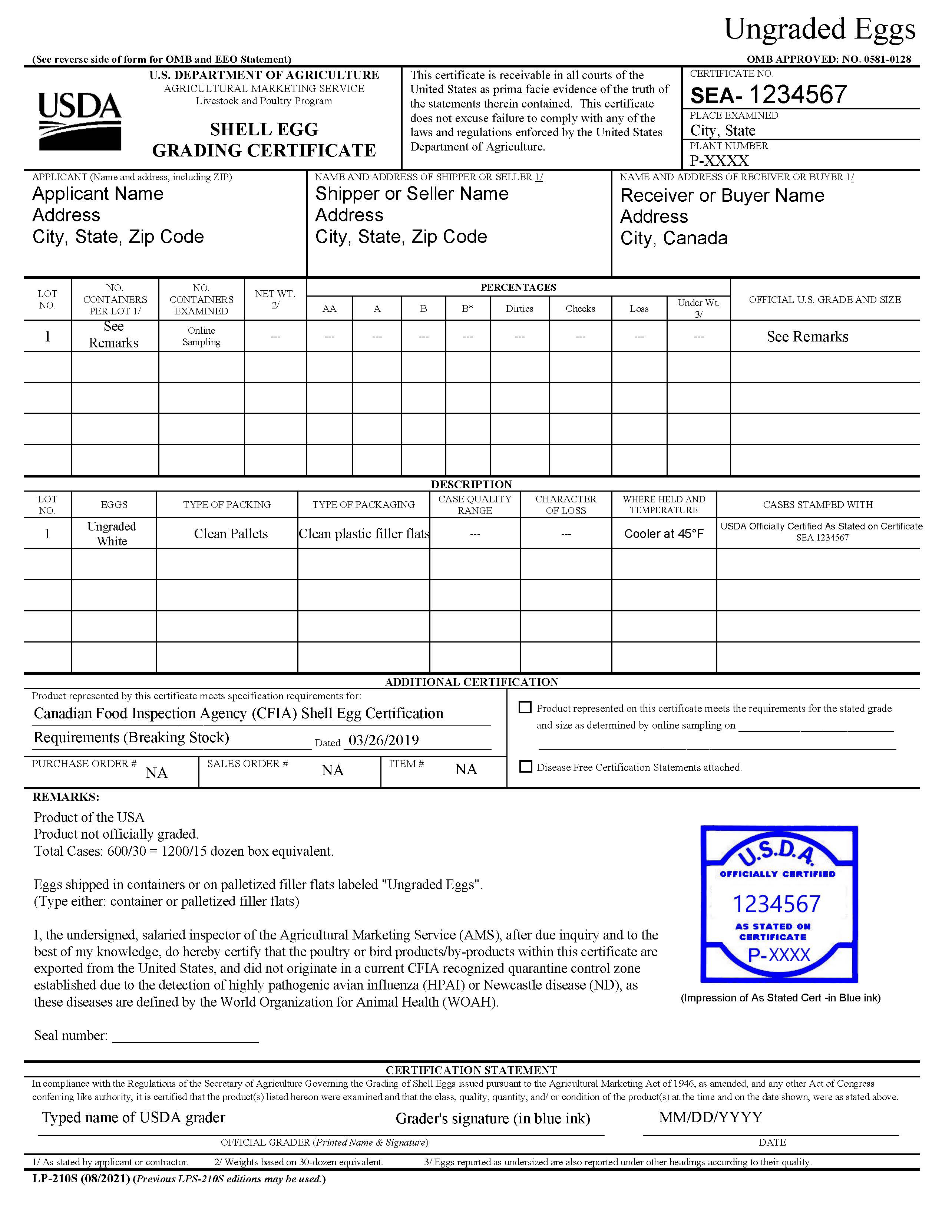 Sample LS 210S Form for Ungraded Eggs