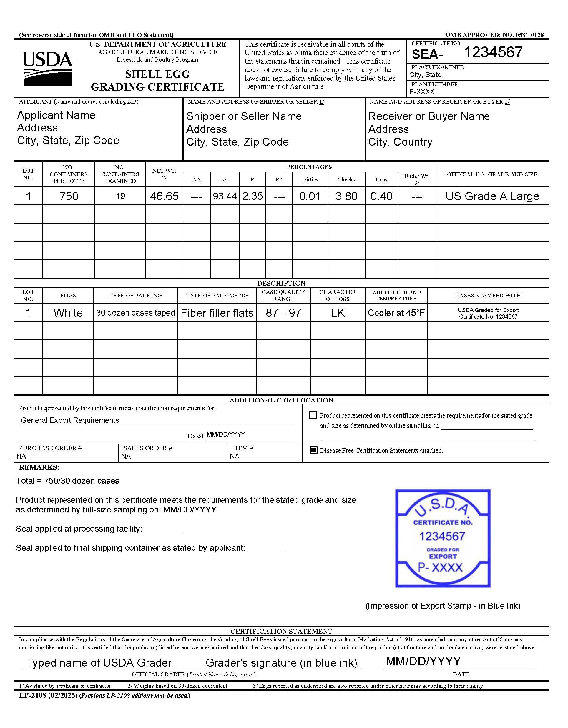 LP-210S Generic Export Lot Grading template 02-2025